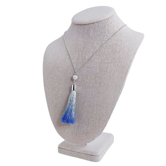 Blue Ombre Tassel Silver Pendant Statement Necklace Boho Chic Bohemian - Picture 3 of 3
